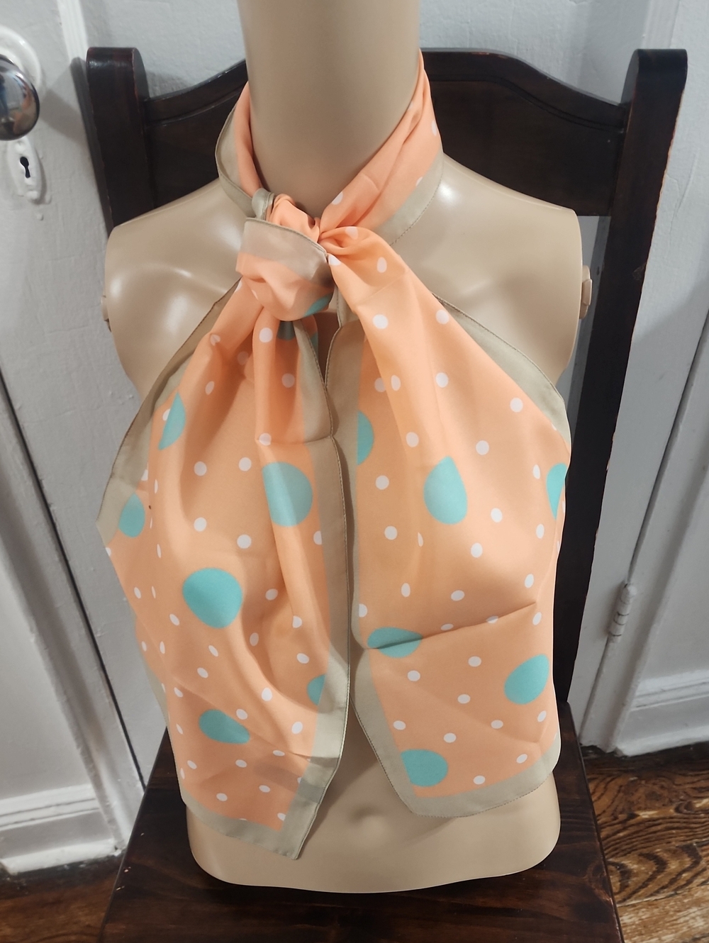 Vintage Liz Sinclair Coral with White/Turquoise Poka Dots Oblong Scarf NWOT